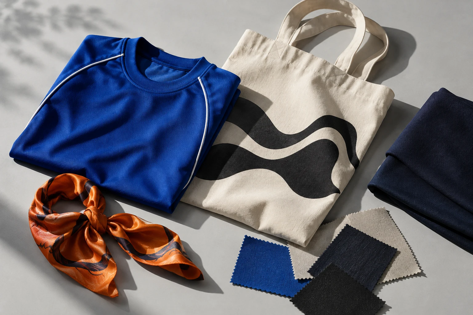 Composición referencial de prendas deportivas, un tote bag, pañuelo y muestras de telas